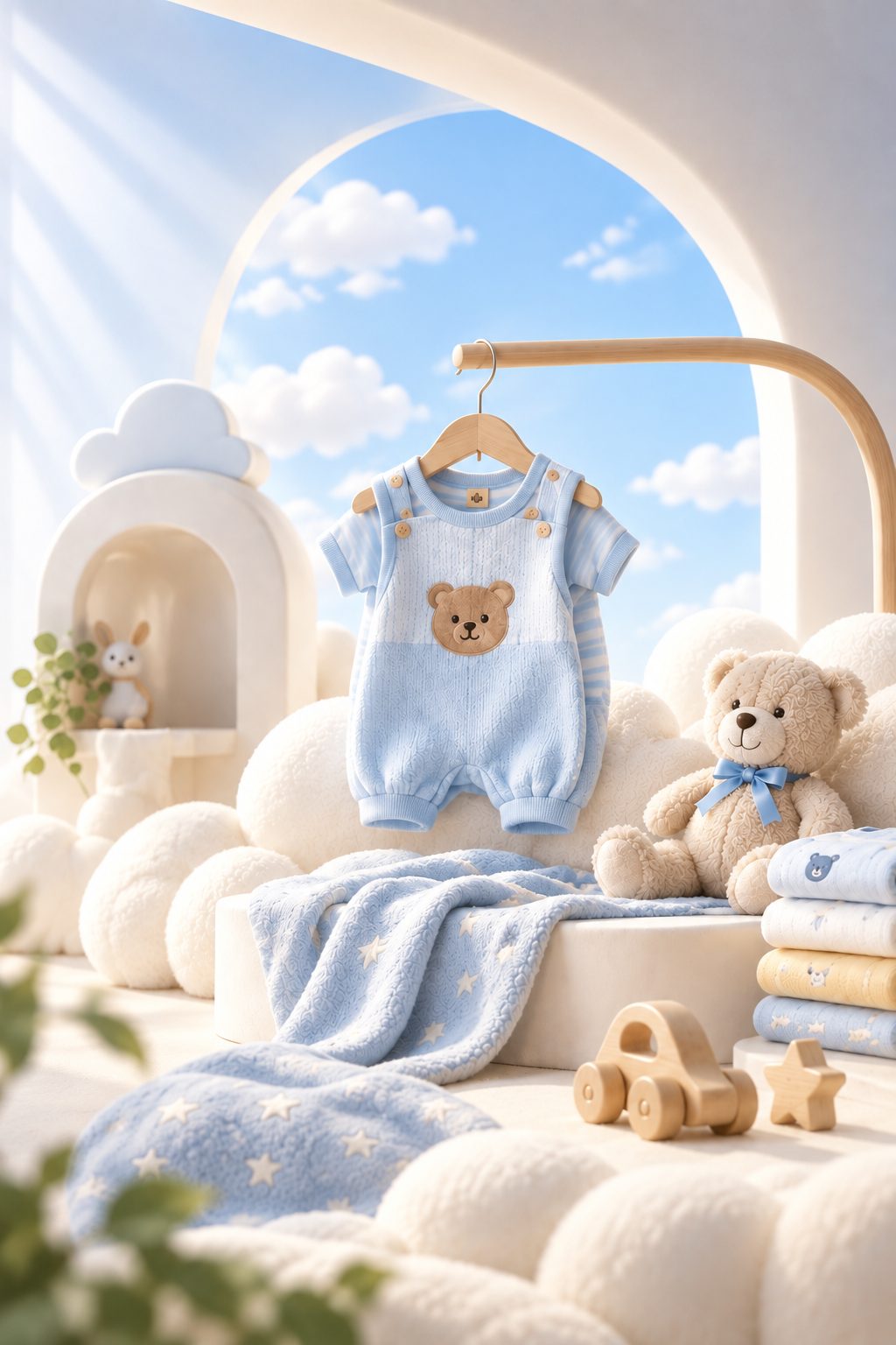 Organic cotton sleepwear laid out in a calm, sunlit nursery