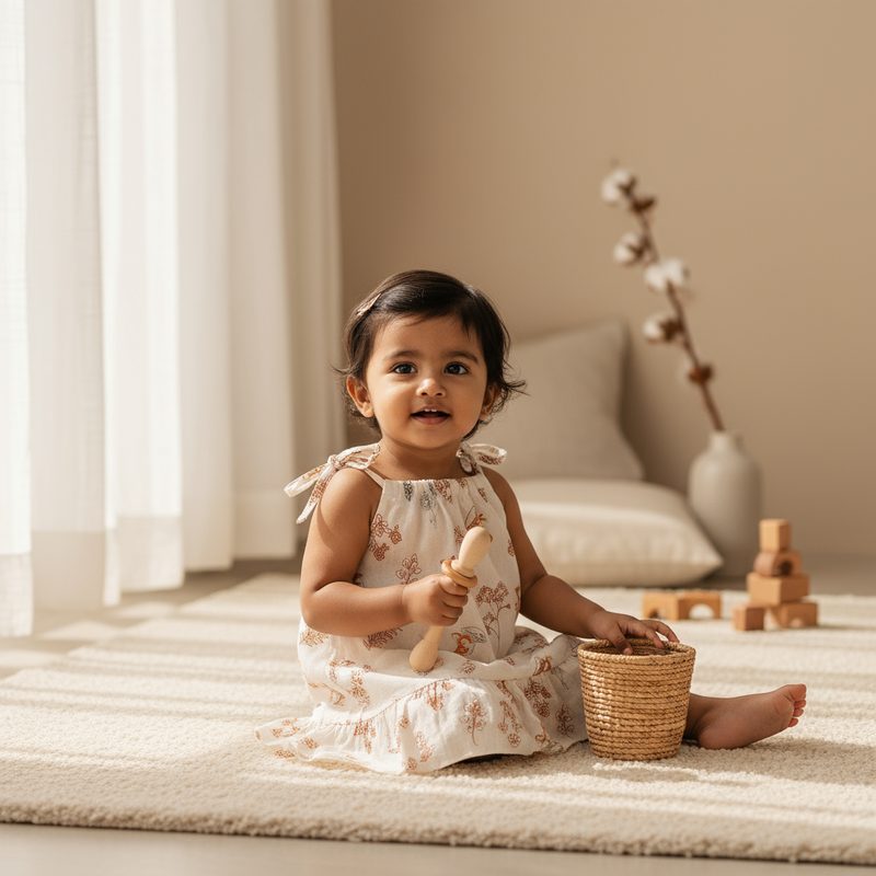 Baby in a botanical-print organic muslin dress